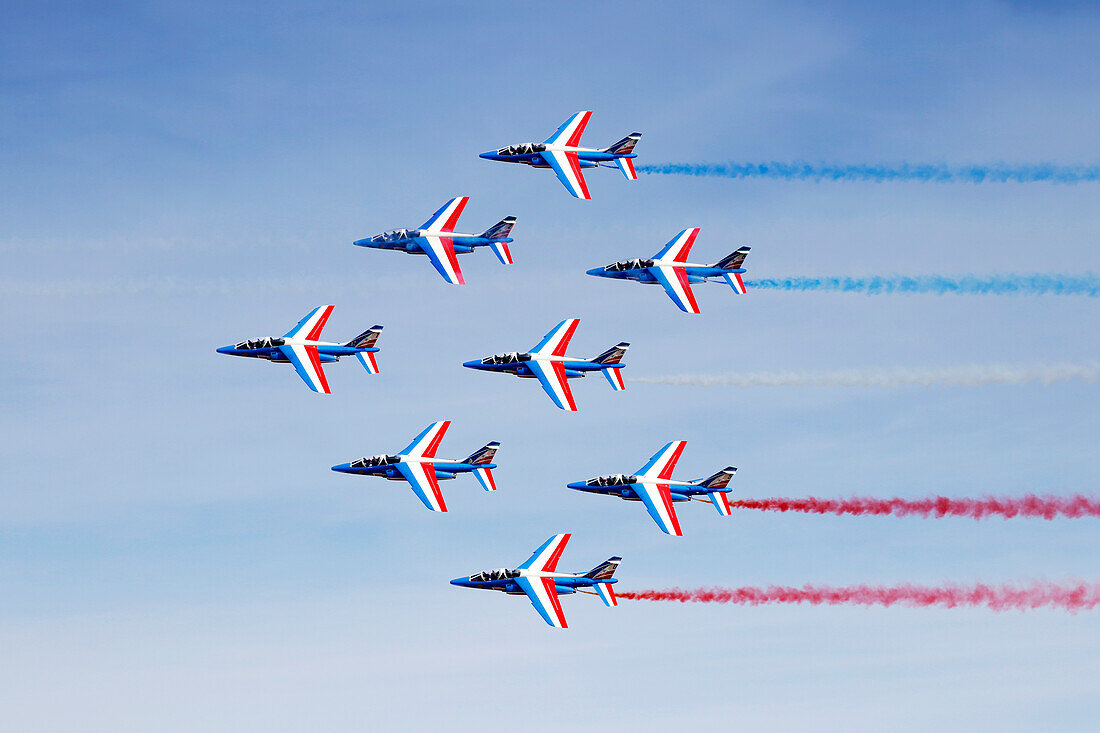 France. Seine et Marne. Melun. Air show 2021. Aerial acrobatics demonstration by the Patrouille de France.