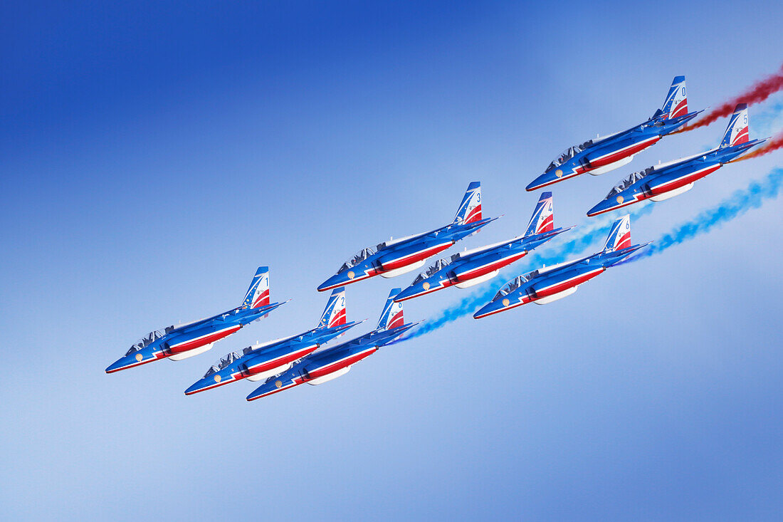 France. Seine et Marne. Melun. Air show 2021. Aerial acrobatics demonstration by the Patrouille de France.