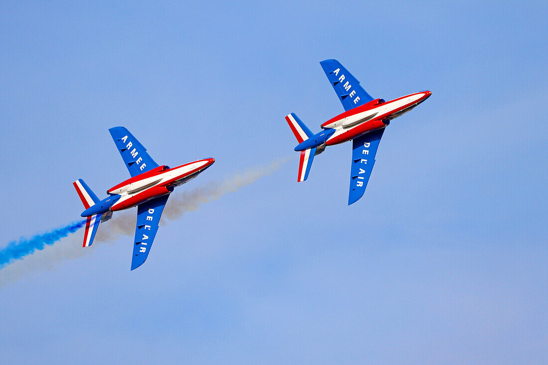 France. Seine et Marne. Melun. Air show 2021. Aerial acrobatics demonstration by the Patrouille de France.