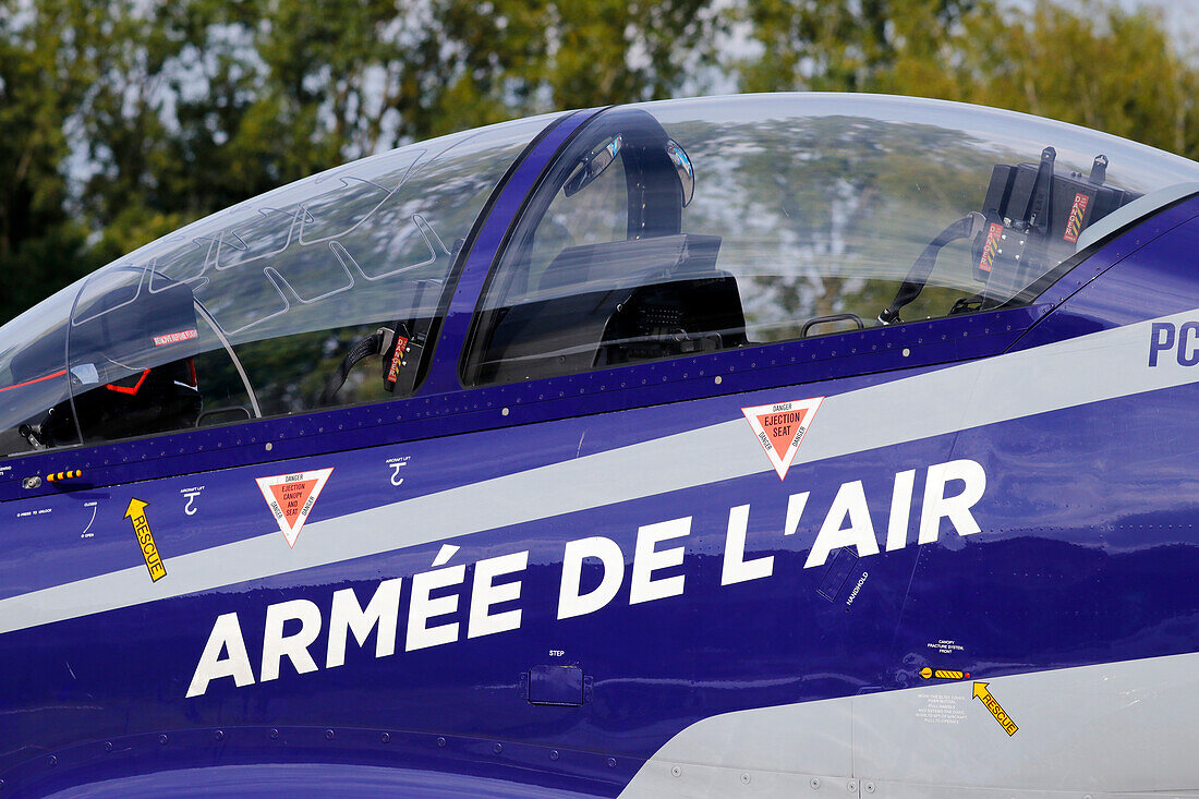 France. Seine et Marne. Melun. Airshow 2021. Air Force. Close-up of an Air Force Pilatus PC-21 trainer.