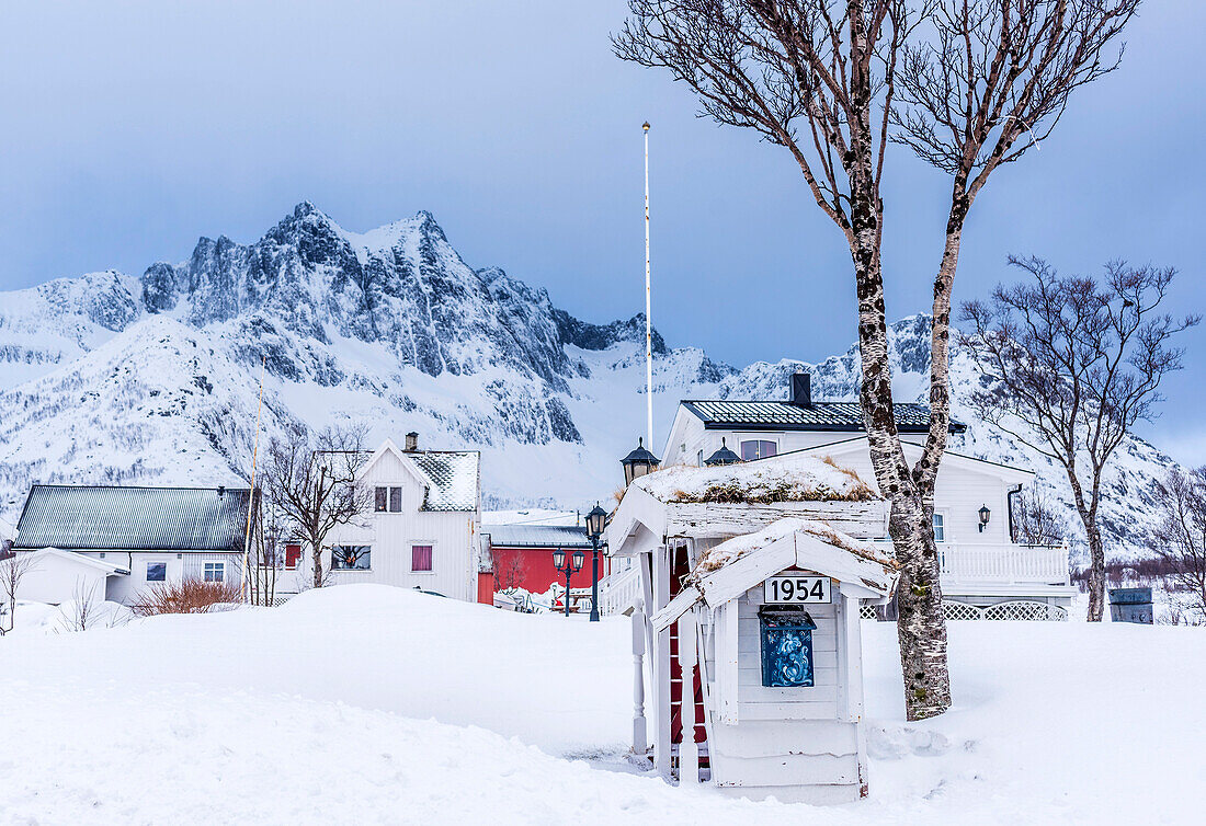 Norway,city of Tromso,Island of Senja,village of Mefjardvaer under the snow