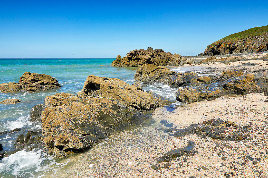 France. Normandy. Department of Manche. Granville during the summer. Receding tide. View from the coast and part of the beach.