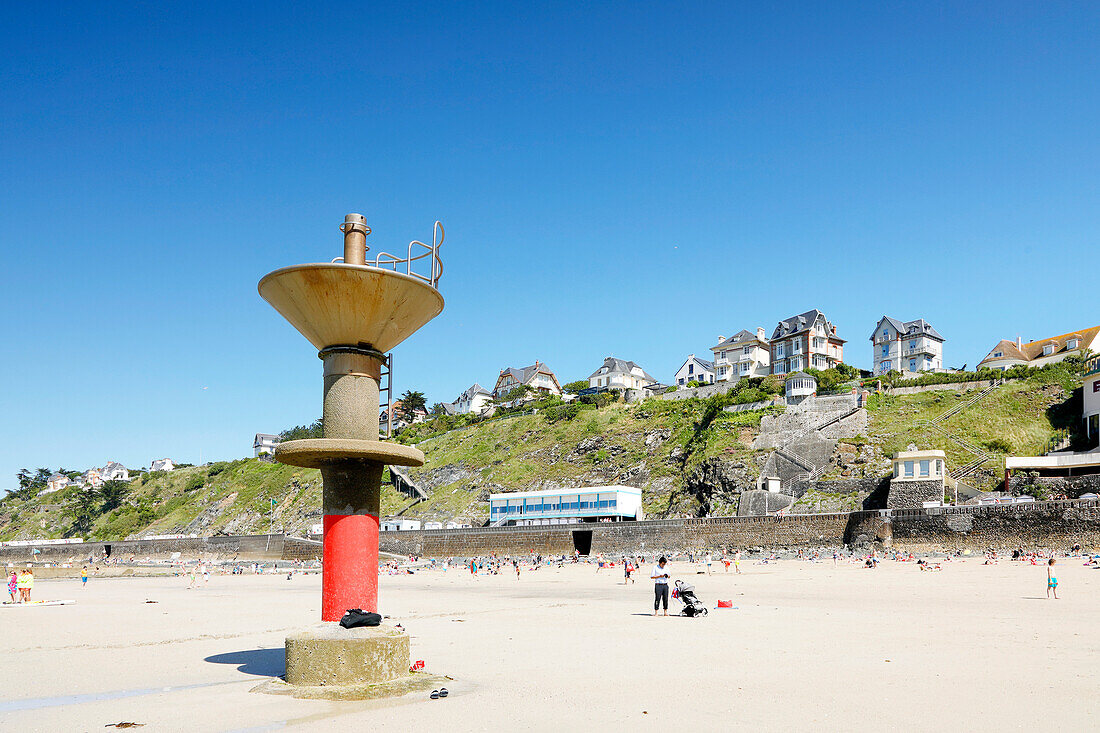 France. Normandy. Department of Manche. Granville during the summer. View from the coast and part of the beach. Diving board.