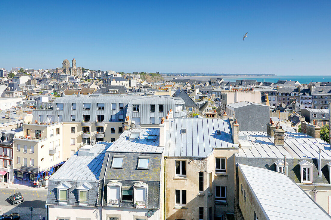 France. Normandy. Department of Manche. Granville during the summer. View of the city from the upper town. In the background,Saint Paul's Church.