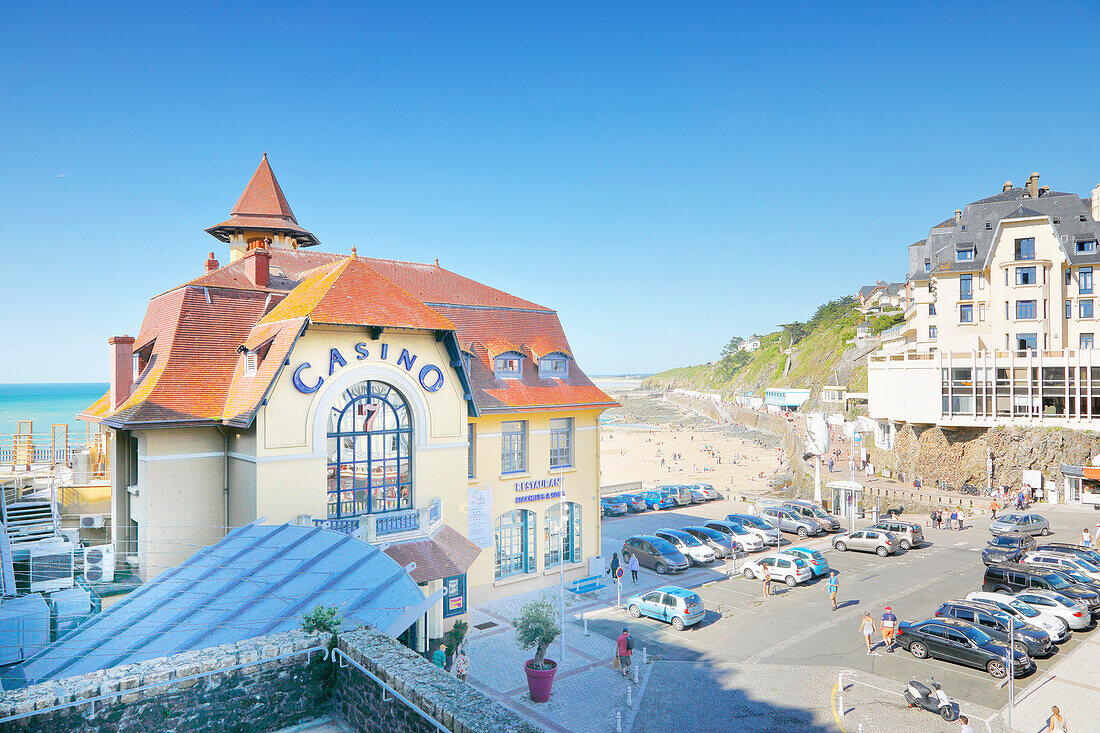 France. Normandy. Department of Manche. Granville during the summer. View of the casino,Le Normandy rehabilitation center and the beach from the ramparts.