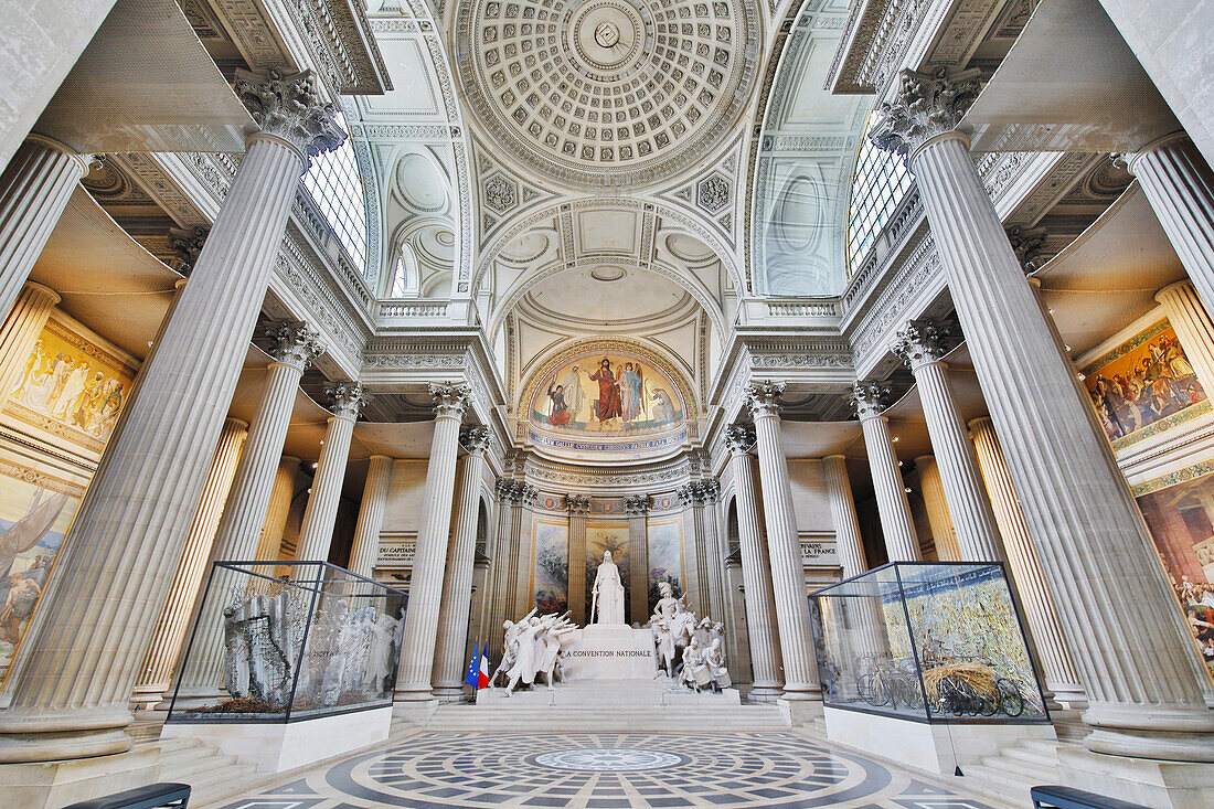 France. Paris. 5th district. The pantheon. Sculpture The National Convention,by Francois Leon Sicard. Painting Christ showing to the angel of France the destinies of his people,by Antoine Auguste Ernest Hebert,above.