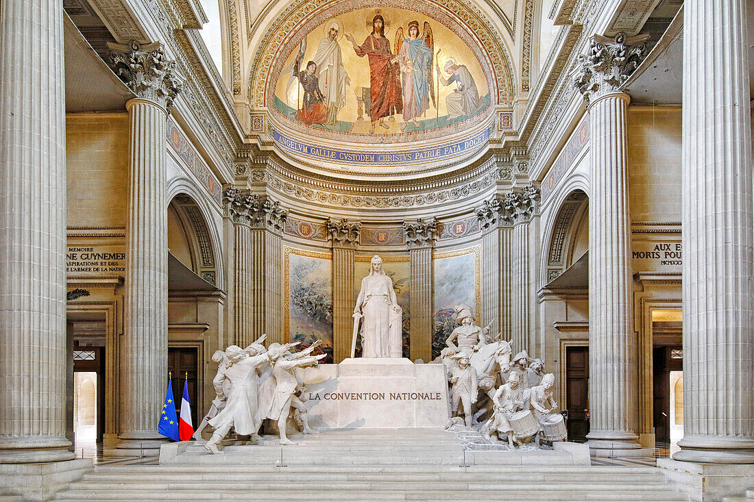 France. Paris. 5th district. The pantheon. Sculpture The National Convention,by Francois Leon Sicard. Painting Christ showing to the angel of France the destinies of his people,by Antoine Auguste Ernest Hebert,above.