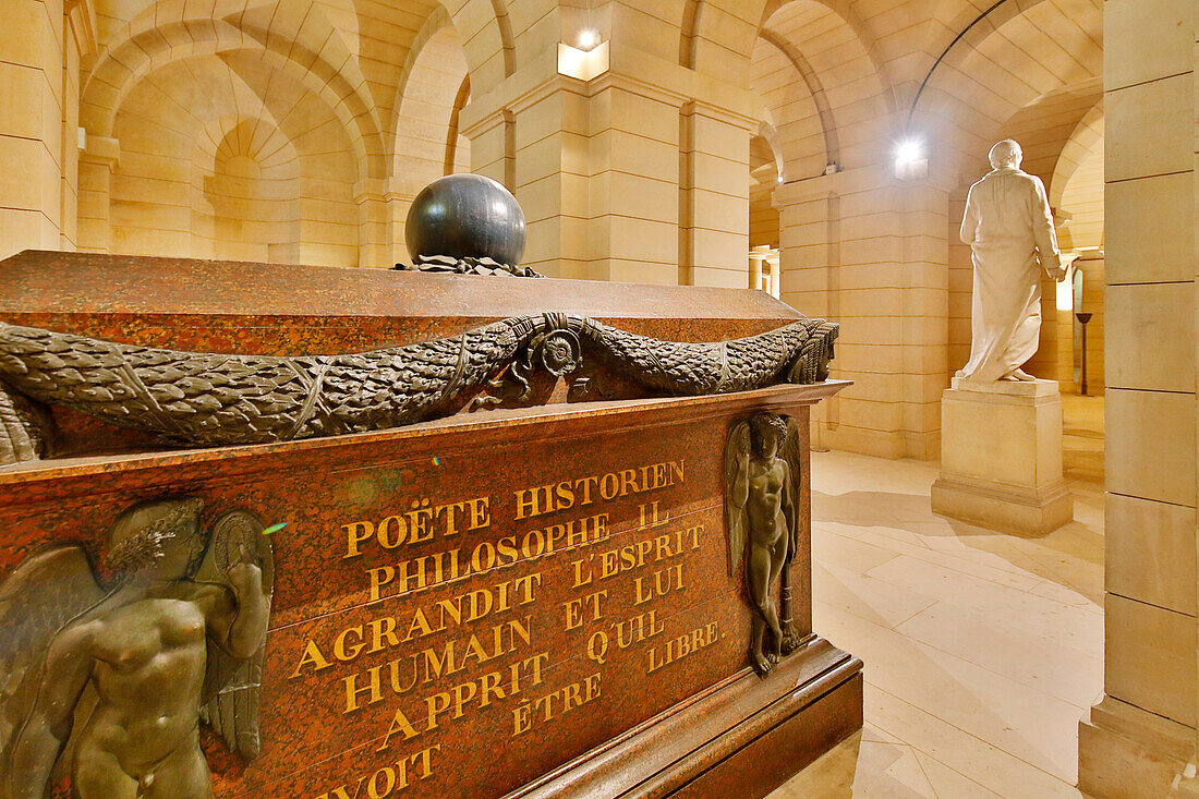 France. Paris. 5th district. The Pantheon. The crypt. Tomb of Jean-Jacques Rousseau.In the background the tomb of Voltaire.