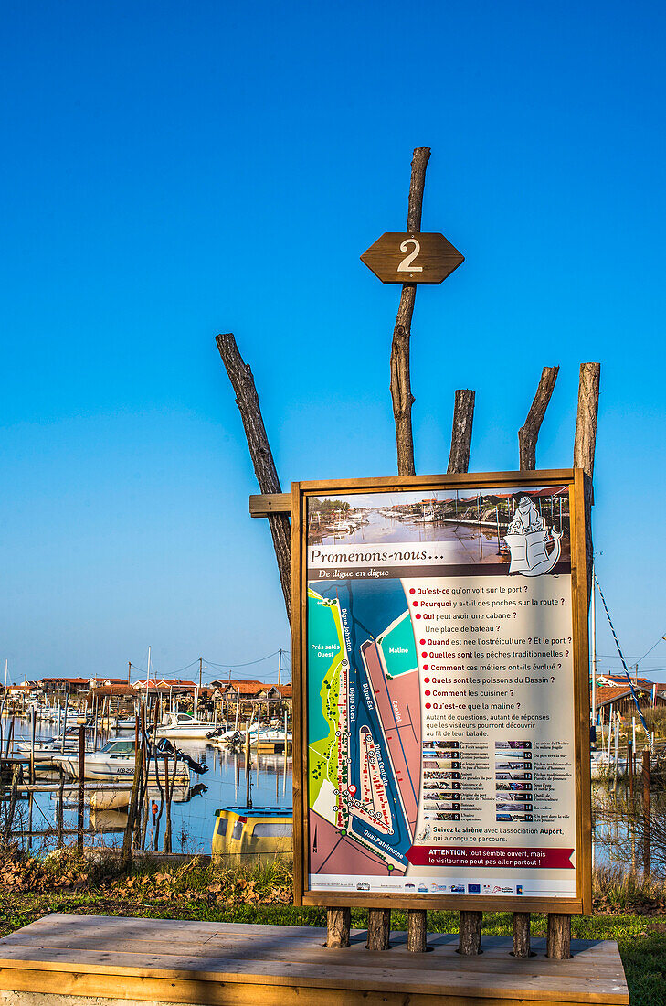 France,New Aquitaine,Arcachon Bay,informative pannels on the Teste-de-Buch oyster port