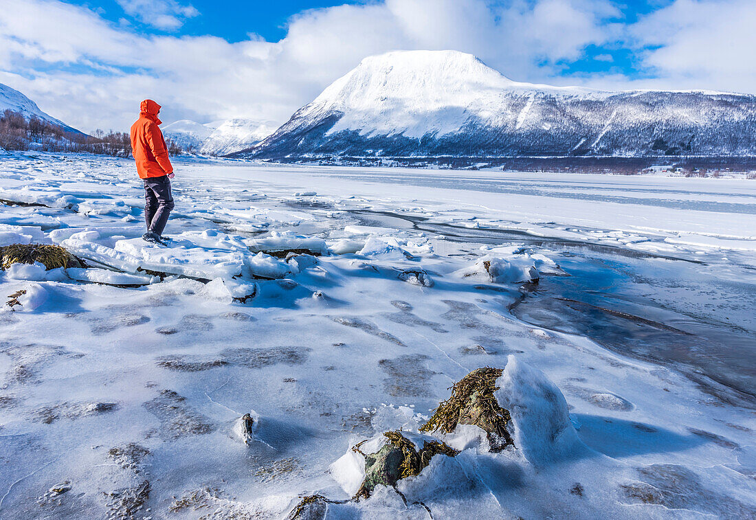 Norway,city of Tromso,Island of Senja,ice on the sides of a fjord