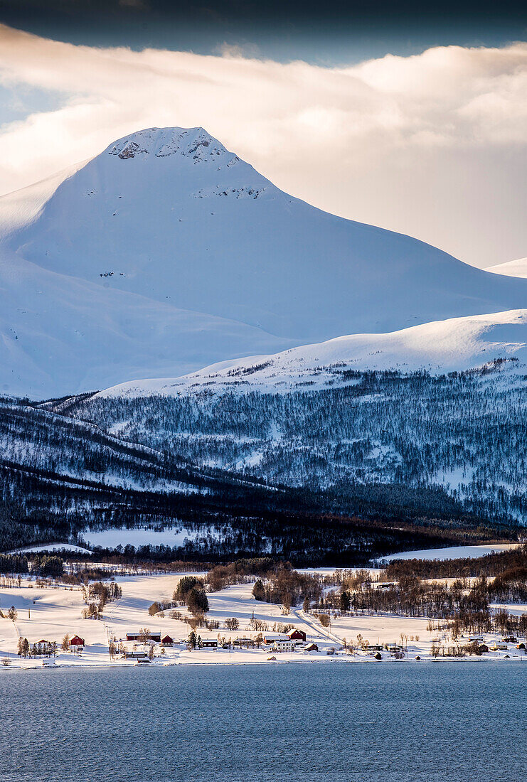 Norway,city of Tromso,fjord covered with snow