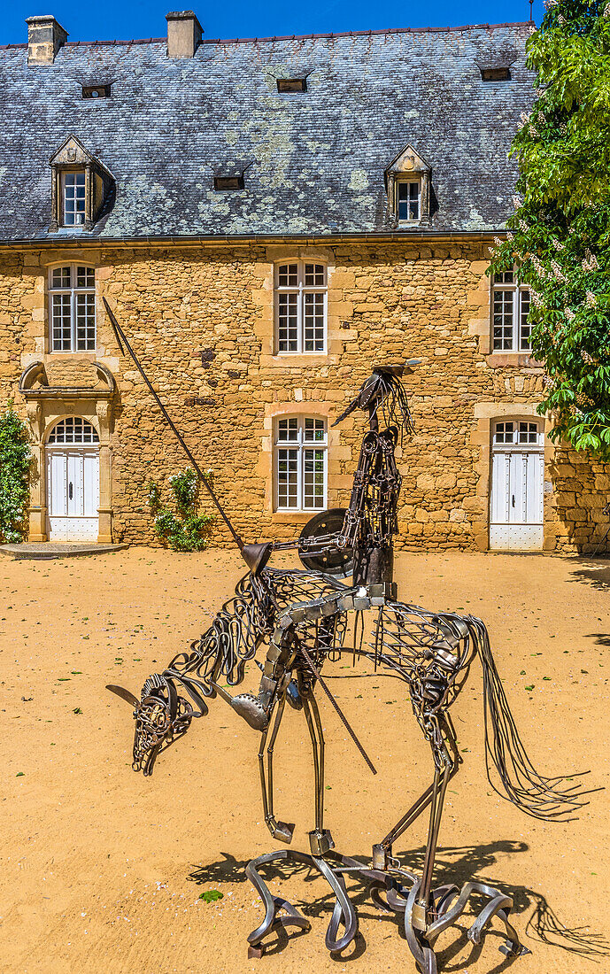 France,Perigord Noir,Dordogne,Jardins du Manoir d'Eyrignac (Historical Monument),Artaban manor and sculpture "Don Qichotte" by Pierre Treilhes (temporary exhibition,April-October 2019)