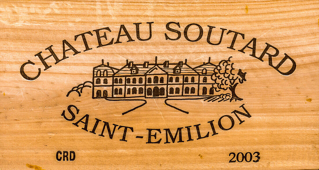 France,Gironde,Saint Emilion (UNESCO World Heritage Site),print of a case of wine from "Château Soutard" (grand cru classe of the St Emilion AOC)