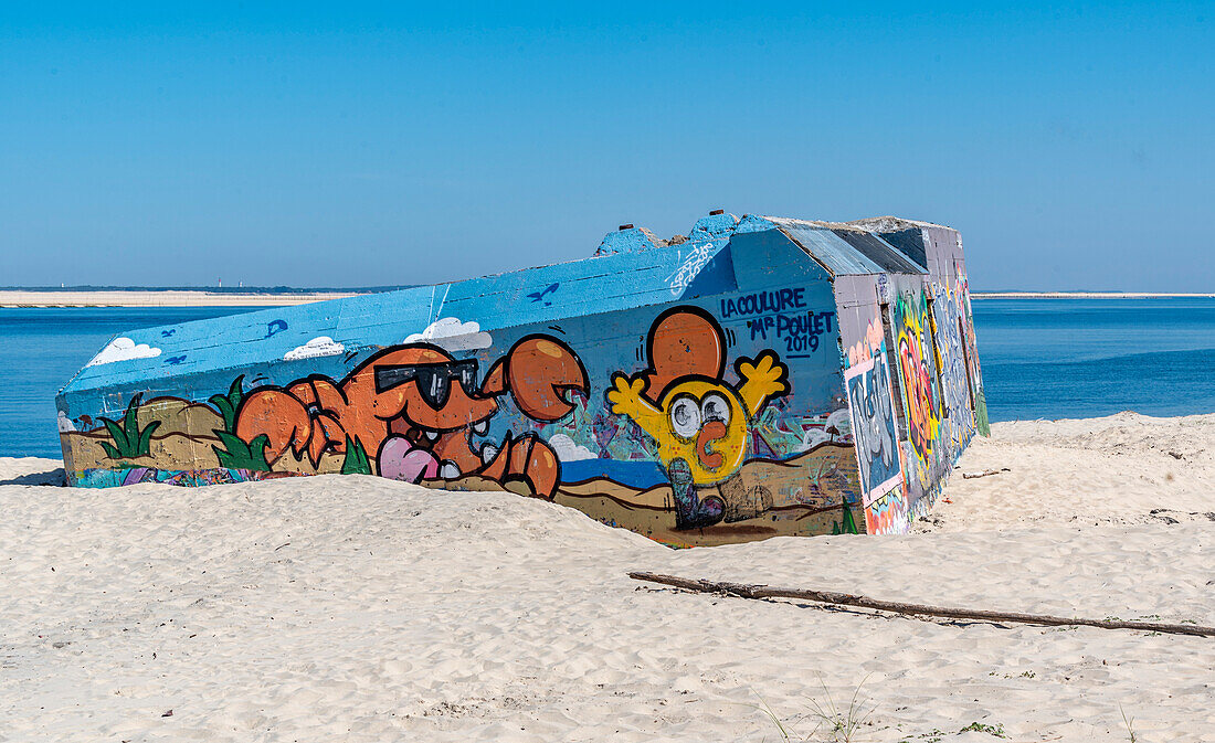 France,Gironde,Arcachon bay (Bassin Arcachon),la Teste de Buch,blockhouse from the 2nd World War fallen on the beach of Petit Nice and tagged