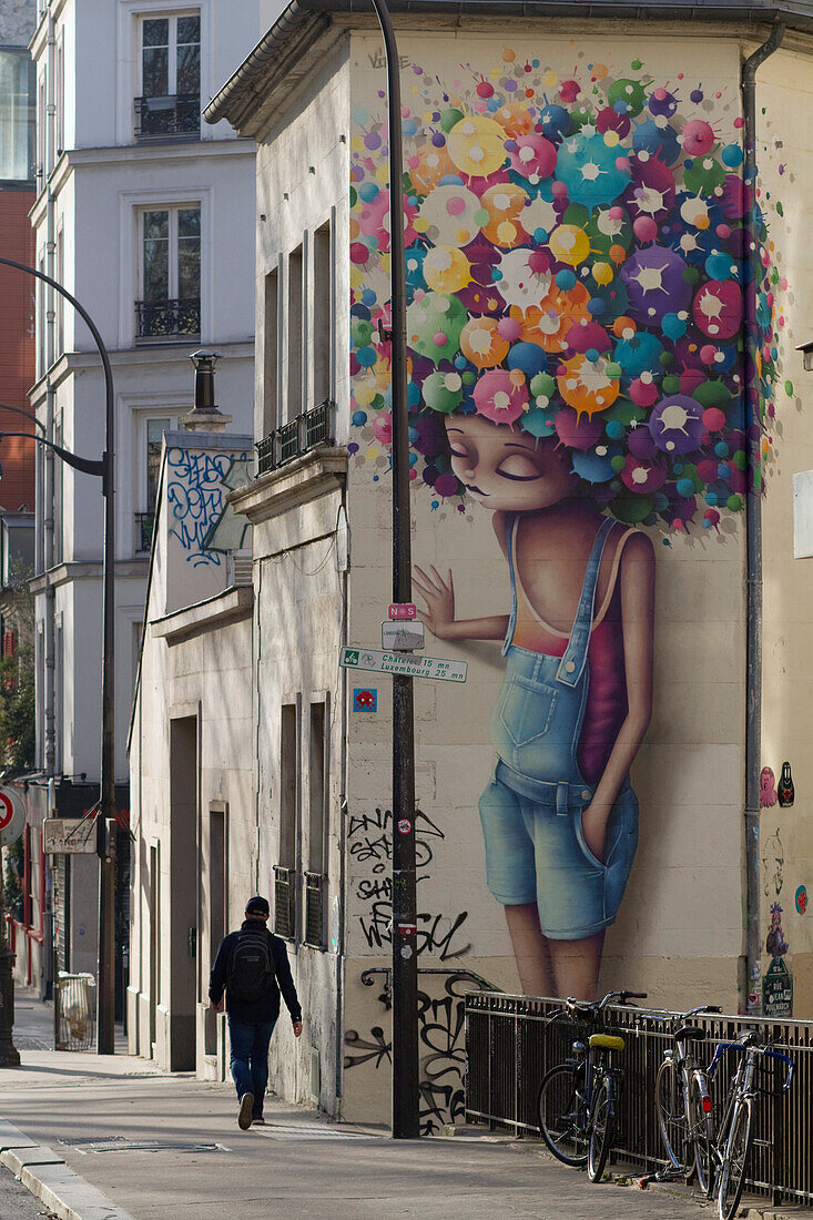 France,Paris,75,10th Arrondissement,Rue Jean Poulmarch,leading to the Canal Saint-Martin,"La Baguenaude de Valmy" by the artist Vinie.