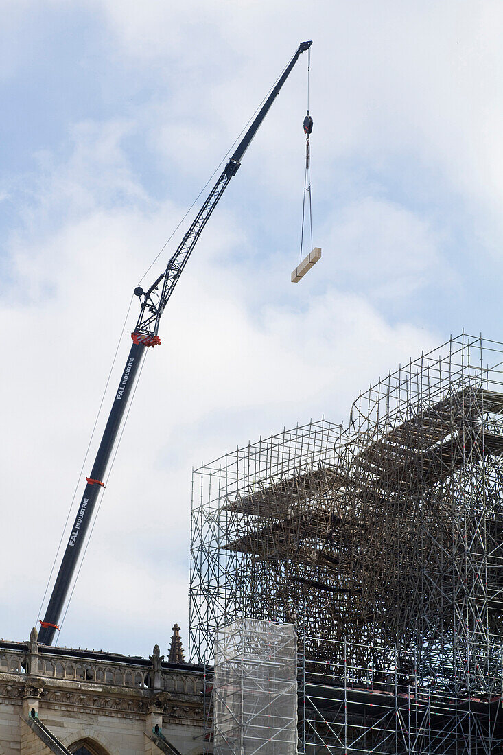 France,Paris,75,1st arrondissement,Ile de la Cite,Notre-Dame of Paris after the fire,intervention of the fire brigade around the scaffolds situated at the crossing of the transept,17th April 2019