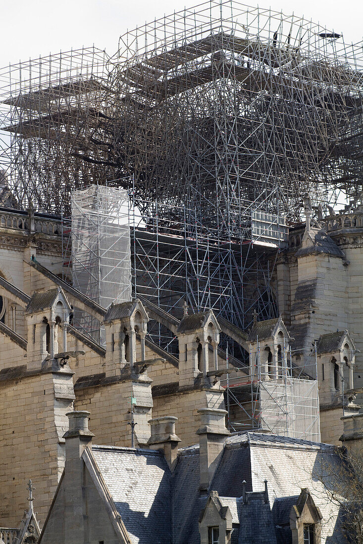 France,Paris,75,1st arrondissement,Ile de la Cite,the apse of the Cathedral Notre Dame of Paris after the fire,the scaffold at the crossing of the transept where the Spire was located,17th April 2019