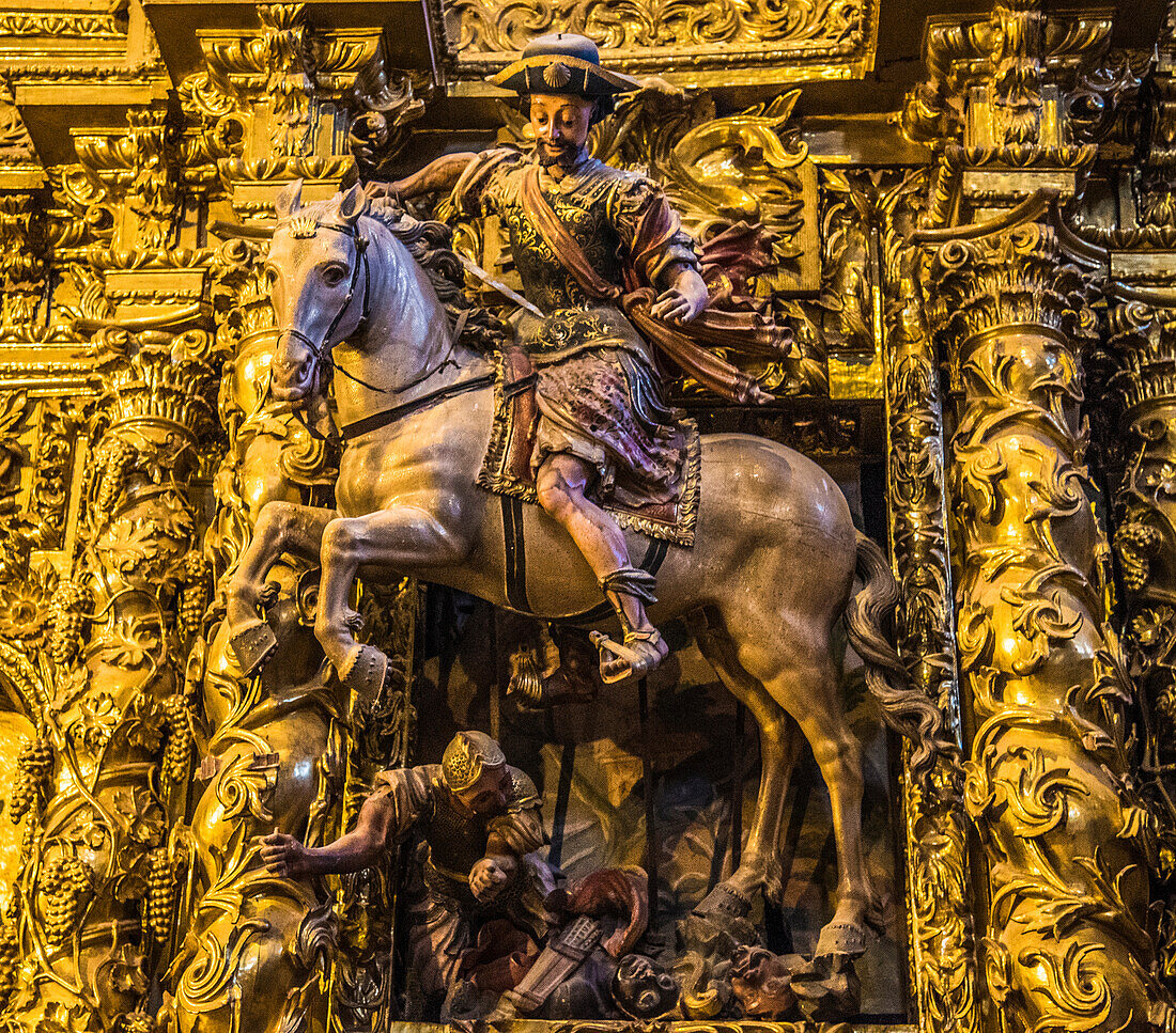 Spain,Rioja,Briones medieval village (Most beautiful village in Spain),church Nuestra Senora de Asumpcion,details of the altarpiece Santiago (17th century) St James way