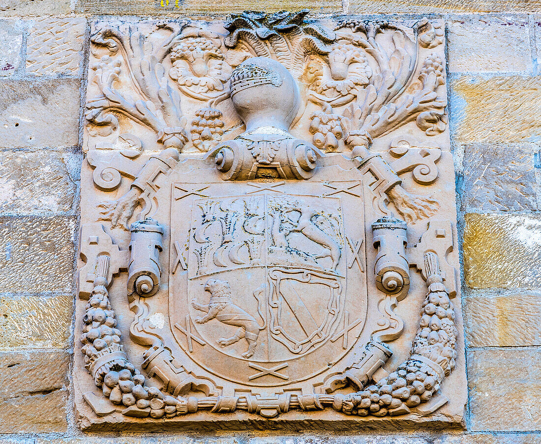 Spain,Rioja,Briones medieval village (Most beautiful village in Spain),coat of arms sculpted on the facade (Saint James way)