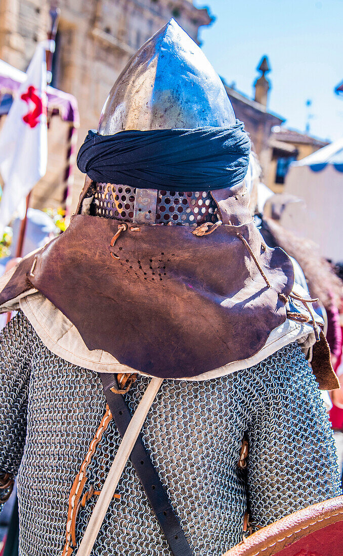 Spain,Rioja,Medieval Days of Briones (festival declared of national tourist interest),portrait of a knight with his helmet