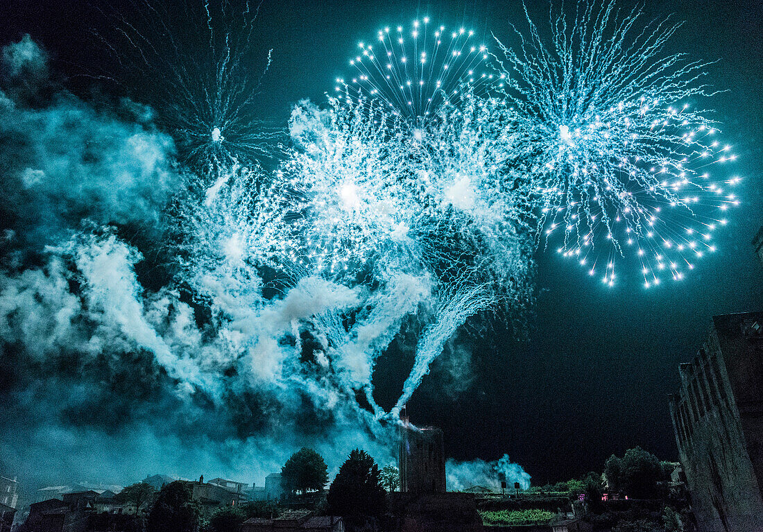 France,Gironde,Saint Emilion,Celebration of the 20th years anniversary of the inscription to the UNESCO World Heritage,pyrotechnics show above the Tour du Roy