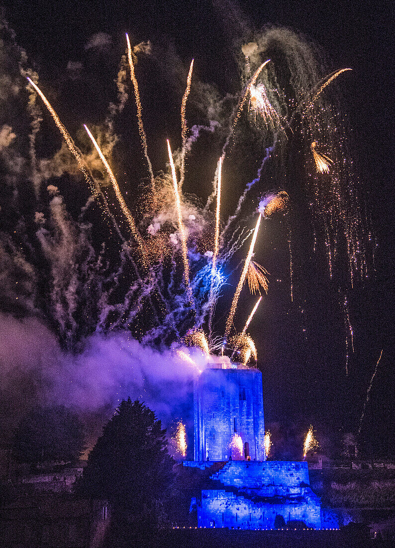 France,Gironde,Saint Emilion,Celebration of the 20th years anniversary of the inscription to the UNESCO World Heritage,pyrotechnics show above the Tour du Roy