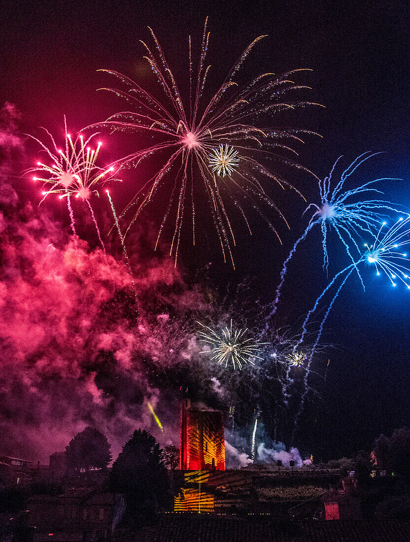 France,Gironde,Saint Emilion,Celebration of the 20th years anniversary of the inscription to the UNESCO World Heritage,pyrotechnics show above the Tour du Roy