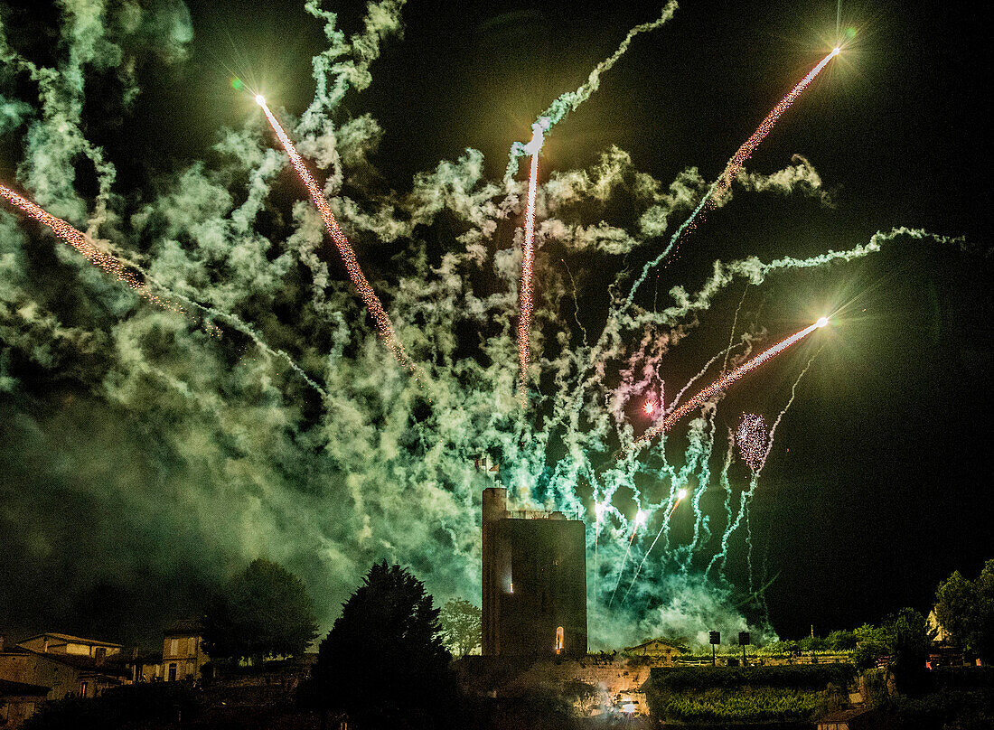 France,Gironde,Saint Emilion,Celebration of the 20th years anniversary of the inscription to the UNESCO World Heritage,pyrotechnics show above the city