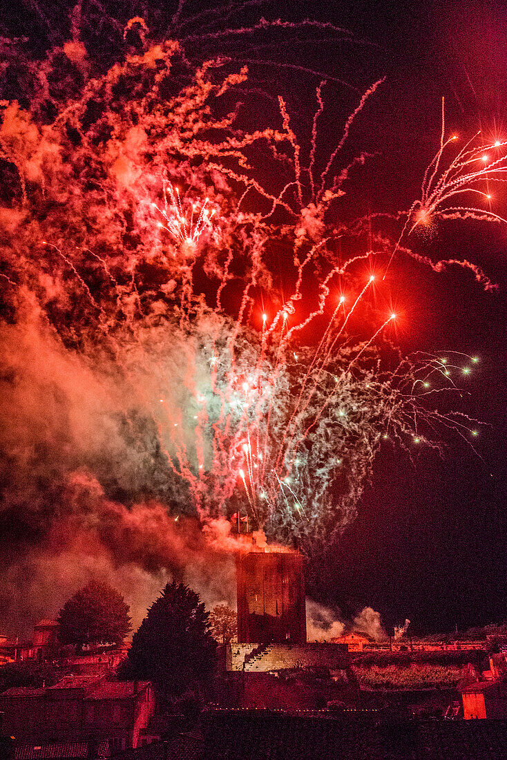 France,Gironde,Saint Emilion,Celebration of the 20th years anniversary of the inscription to the UNESCO World Heritage,pyrotechnics show above the city