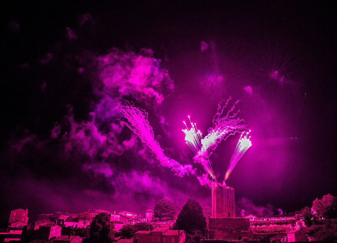 France,Gironde,Saint Emilion,Celebration of the 20th years anniversary of the inscription to the UNESCO World Heritage,pyrotechnics show above the city