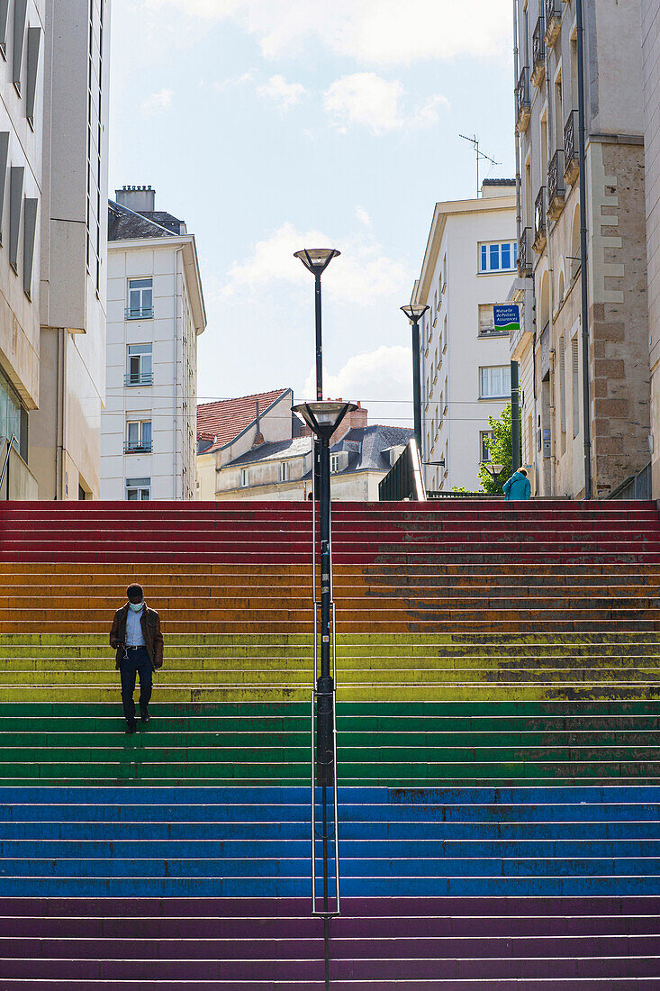 France,Nantes,44,rue Beaurepaire,stairs painted with the colors of the Rainbow flag,emblem of the LGBT movement.