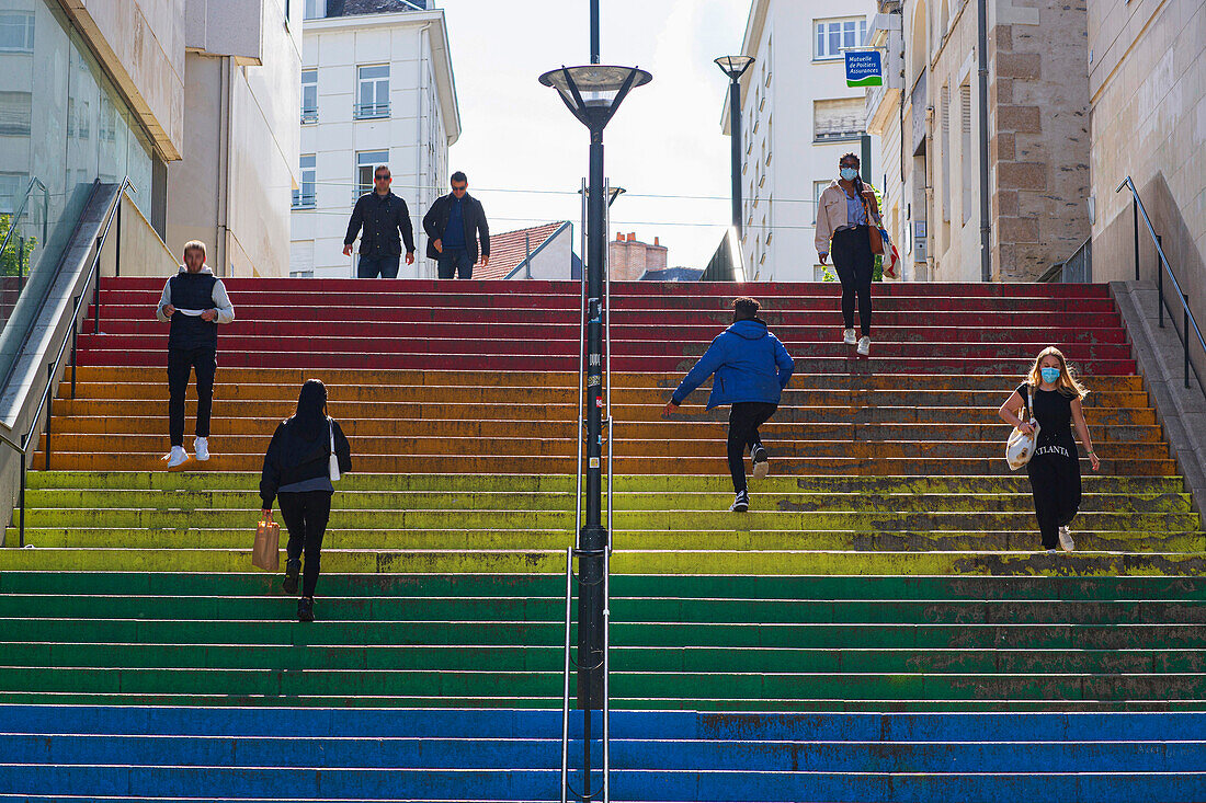 France,Nantes,44,rue Beaurepaire,stairs painted with the colors of the Rainbow flag,emblem of the LGBT movement.