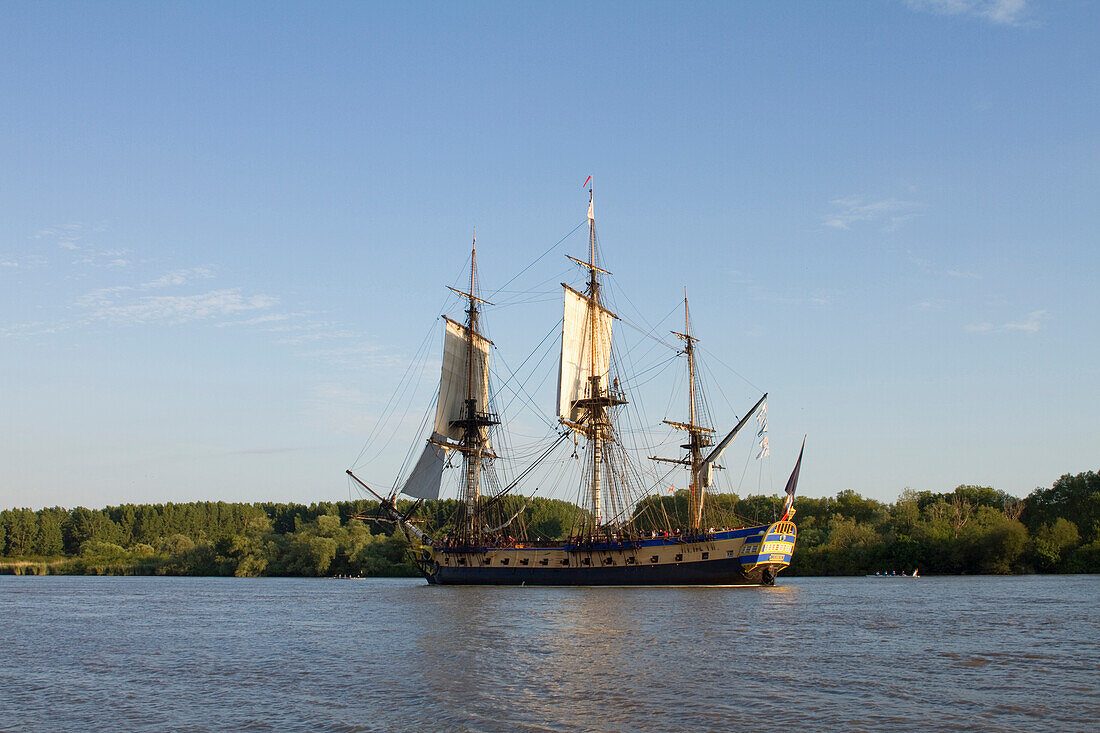 France,estuary of the Loire,44,replica of the Hermione,frigate of La Fayette,during "the event "Debord de Loire" between Saint Nazaire and Nantes,from the 23rd to the 26th of May 2019