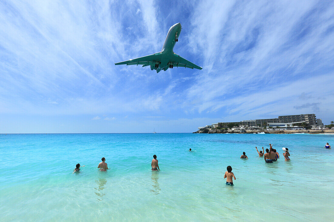 Caribbean,Sint Maarten,airplane landing at Maho bay airport Caribbean