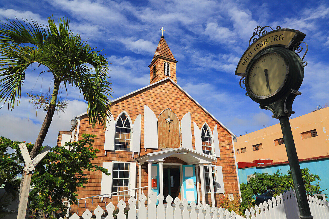 Caribbean,Sint Maarten,View of Methodist Church on Front Street,Philipsburg. Philipsburg