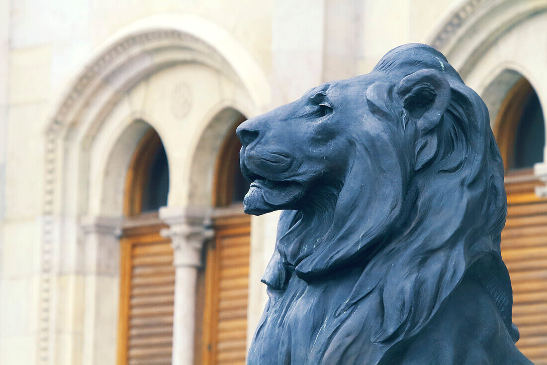 Europa,Hungary,Budapest. Löwenstatue vor dem Parlamentsgebäude