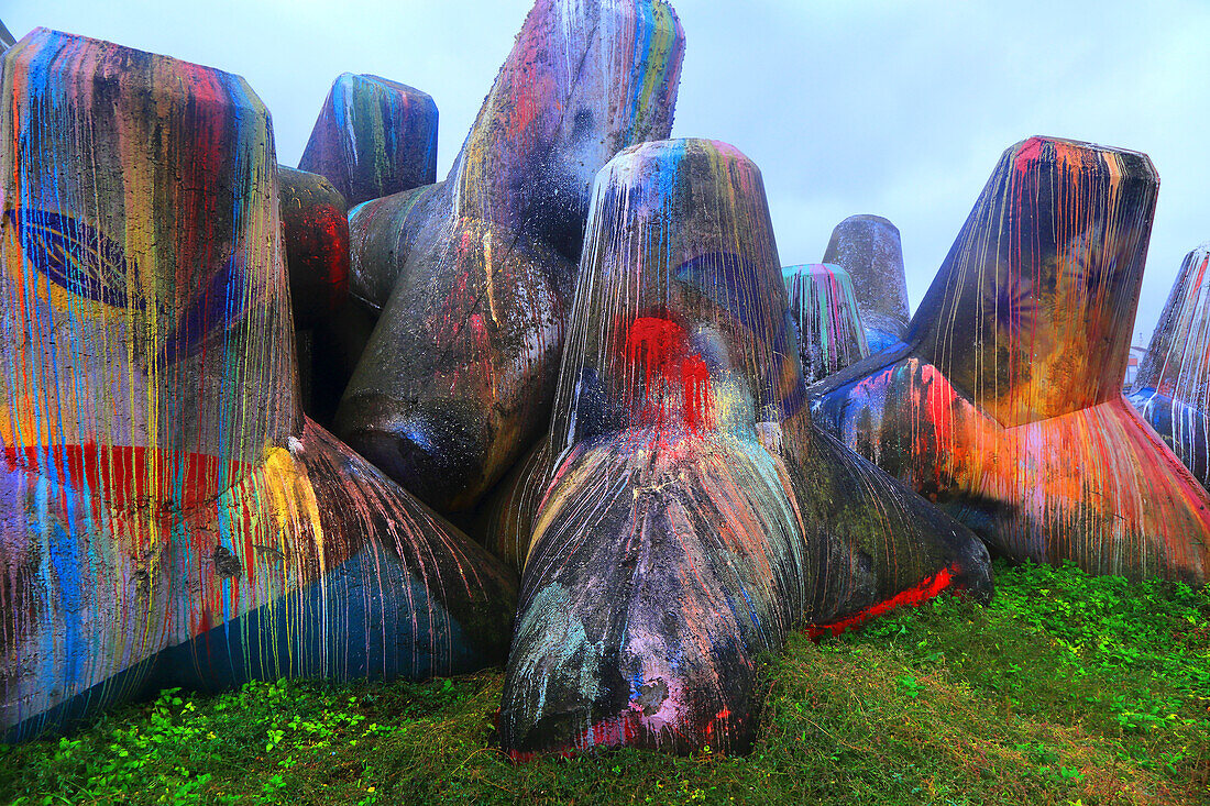 Sao Miguel Island,Azores,Portugal. Ponta Delgada,painted tetrapods