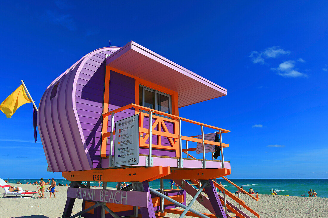 Usa,Florida,Miami. Miami Beach,colored lifeguard hut