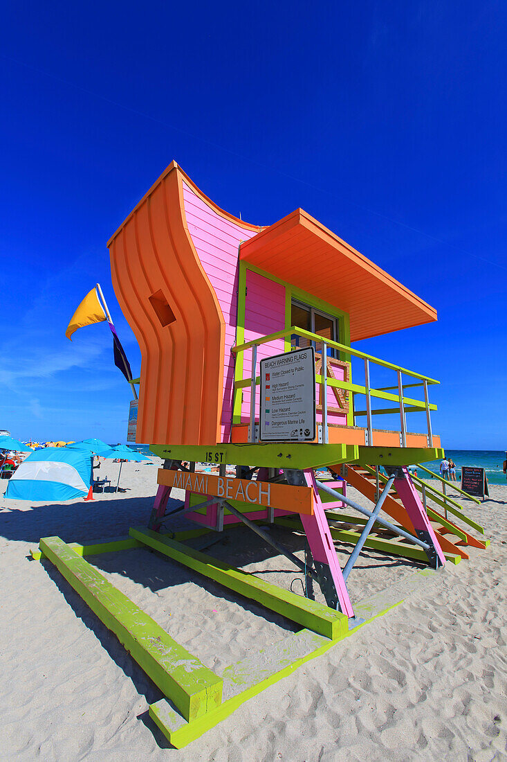 Usa,Florida,Miami. Miami Beach,colored lifeguard hut