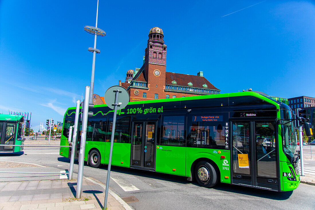 Europe,Scandinavia,Sweden. Skania. Malmoe. Post buildingand electric bus