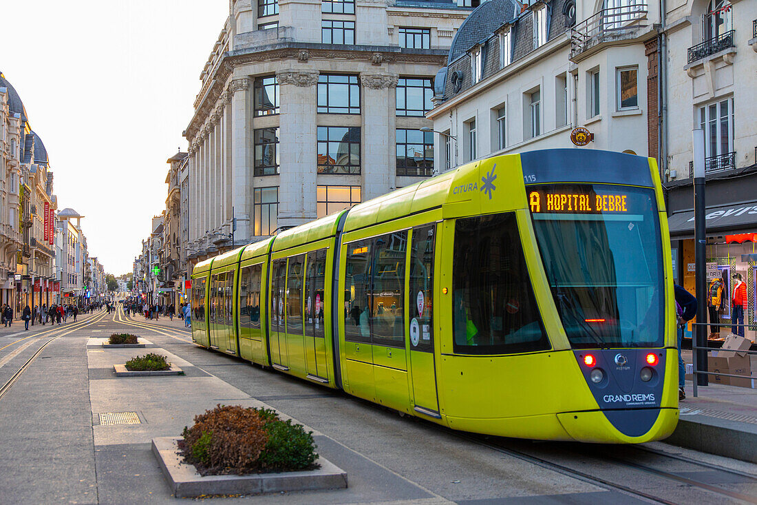 Europe,France,Grand-Est,Reims. Tram in the city center