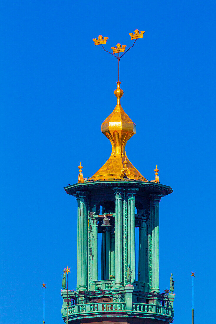 Europe,Scandinavia,Sweden. Stockholm. Three golden crowns on the town hall