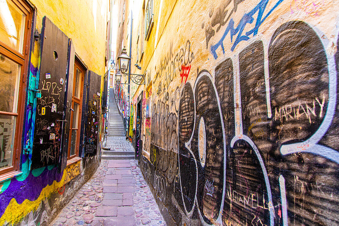 Europa,Skandinavien,Schweden. Stockholm. Straßenkunst in einer schmalen Straße in der Altstadt... Straßenkunst in einer schmalen Gasse in der Altstadt.