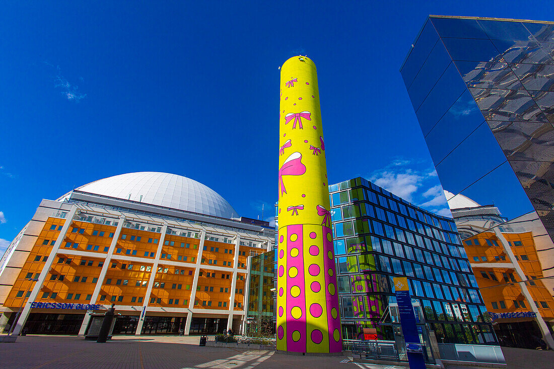 Europe,Scandinavia,Sweden. Stockholm. Johanneshov district. Globe city. Ericsson Globe is a sports hall,the largest spherical building in the world,and Quality Hotel Globe,arch. Berg Arkitektkontor AB