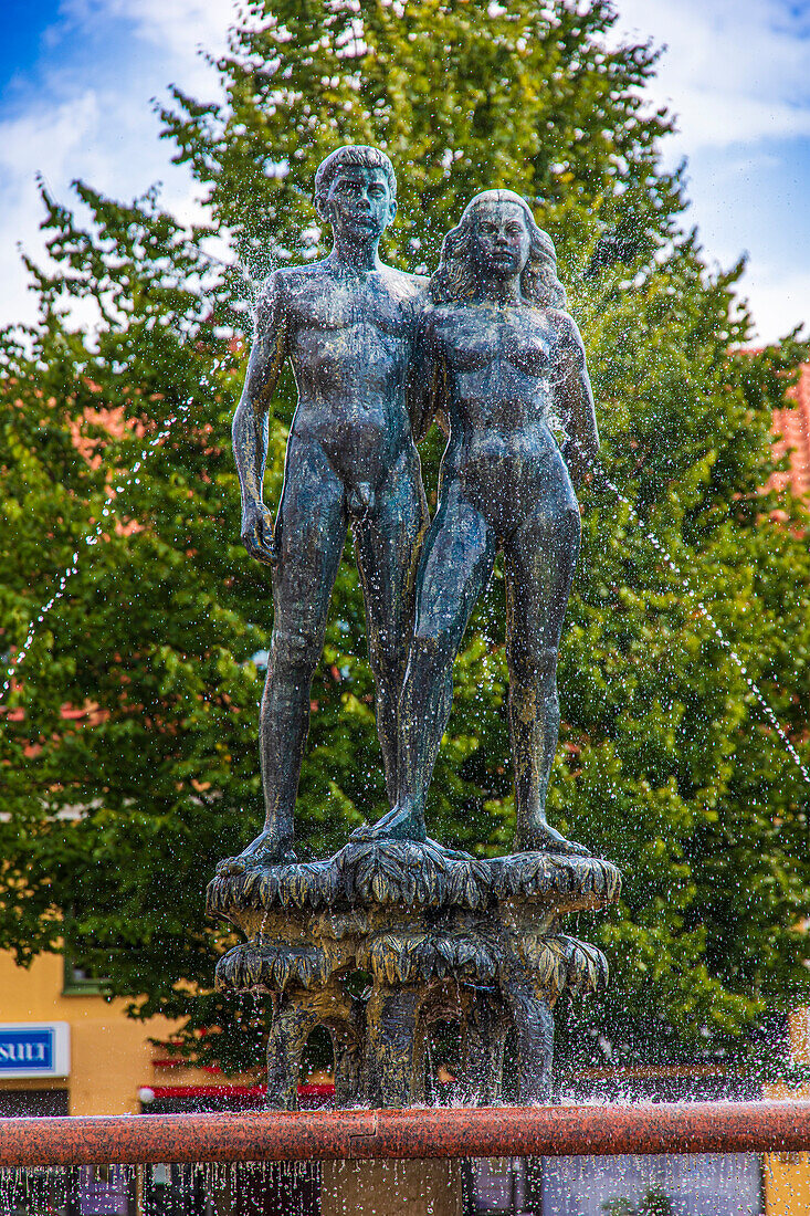 Europe,Scandinavia,Sweden.. Soelvesborg. Statue from 1948 of Ask and Embla,the Aesir cult,by the artist Stig Blomberg