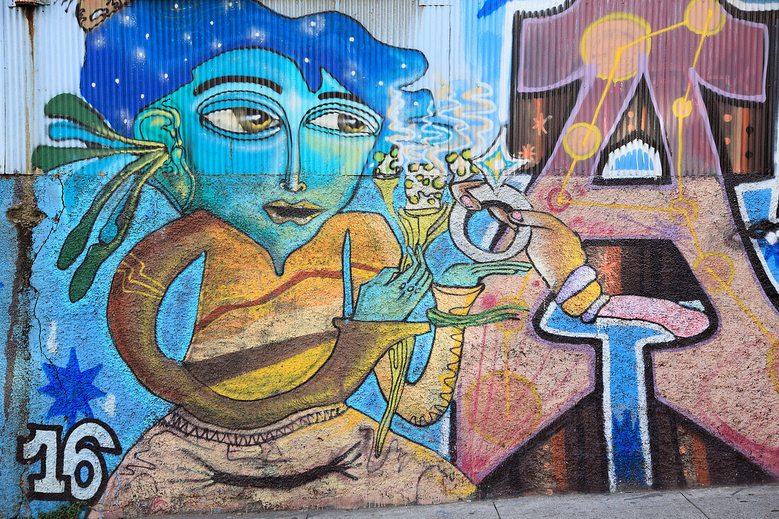 Chile,Valparaiso,mural,graffiti,street scene,