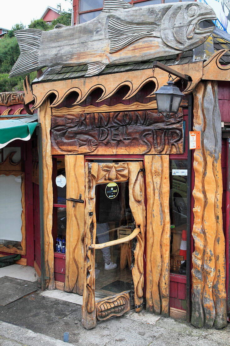 Chile,Lake District,Puerto Montt,Angelmo,restaurant,entrance,door,