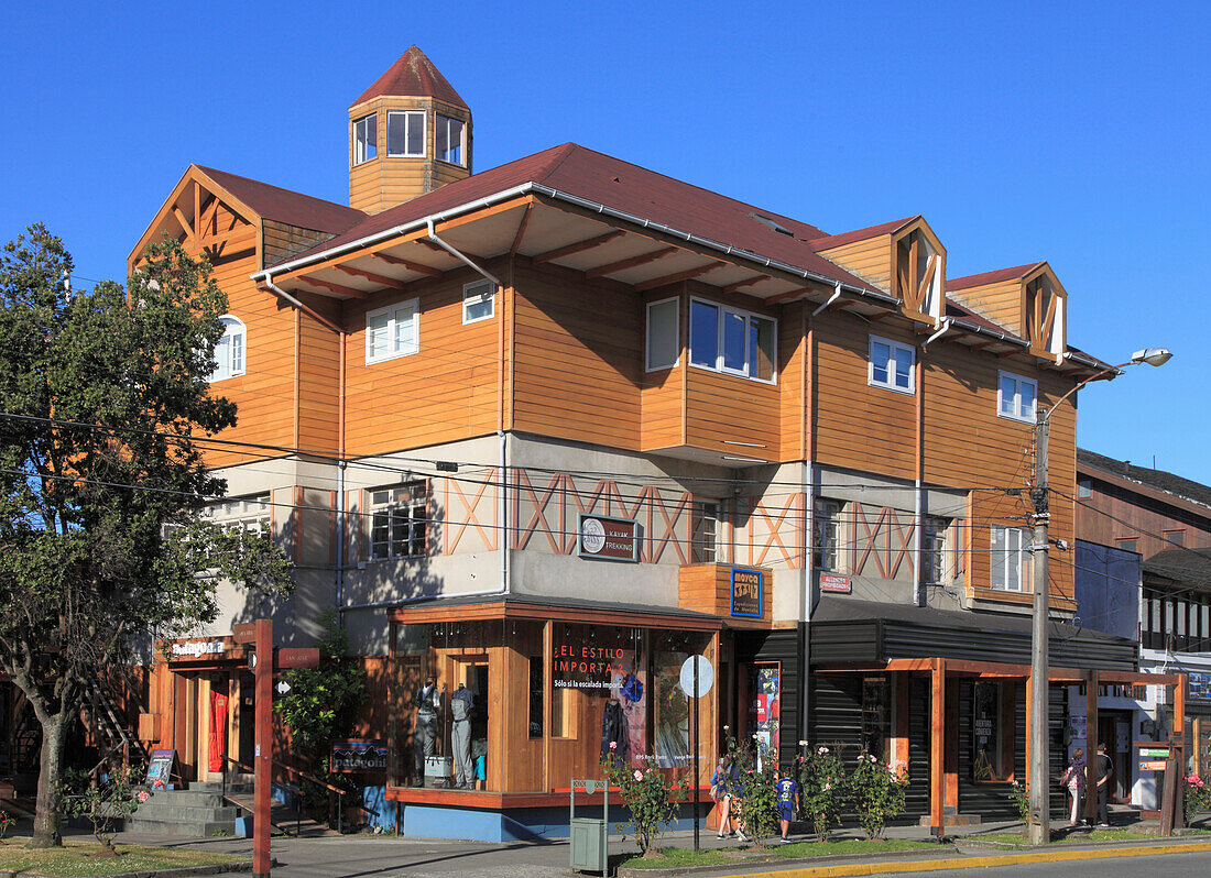 Chile,Lake District,Puerto Varas,street scene,shops,architecture,