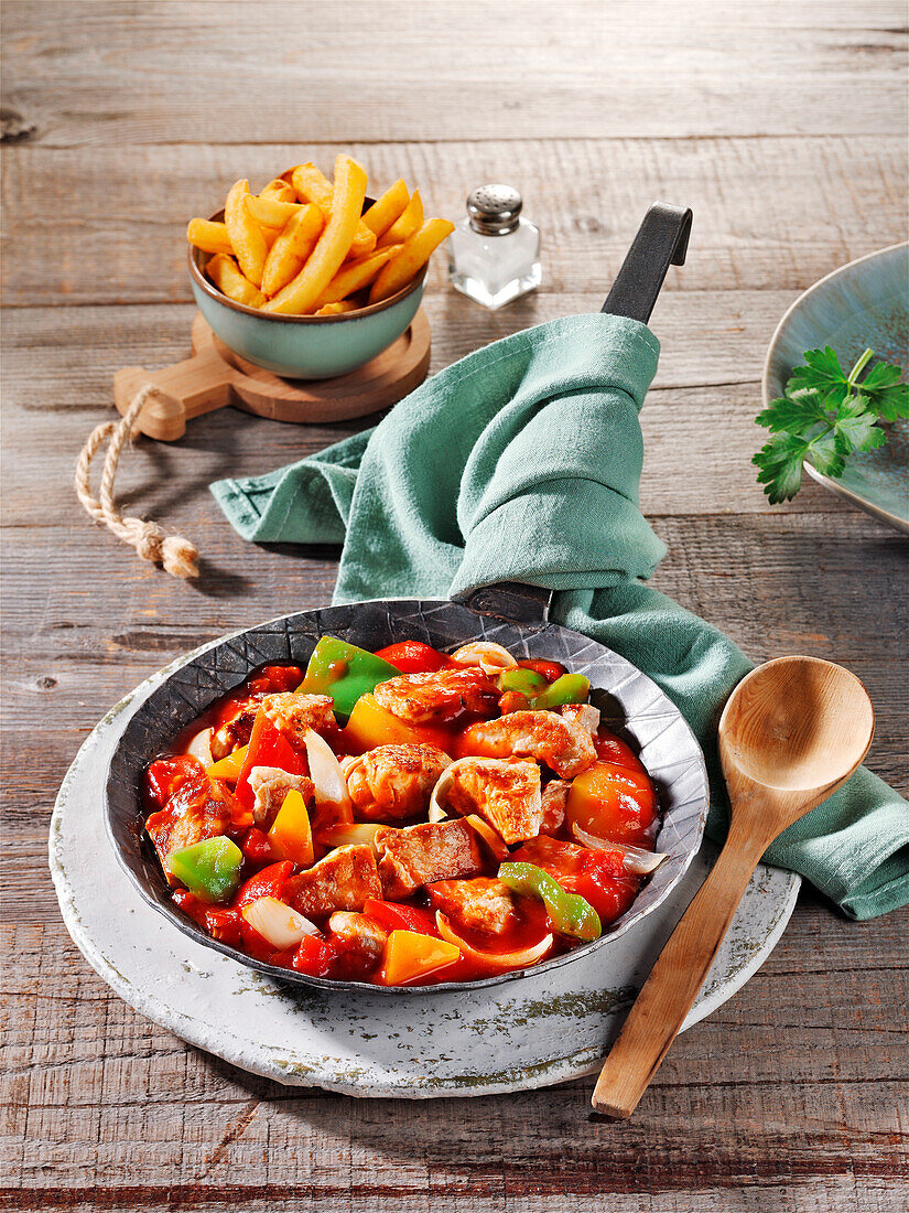 Pan-fried pork shashlik with Balkan-style peppers