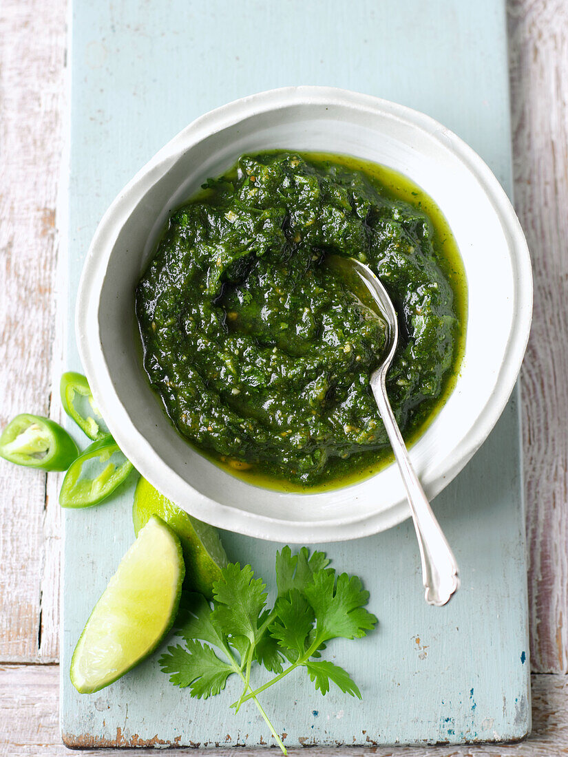 Coriander pesto with lime and jalapeño